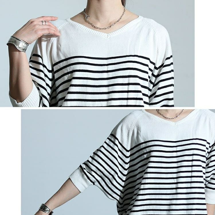 大きいサイズ レディース パネルボーダードルマンニット　wn-0212 【メール便可】