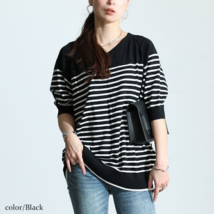 大きいサイズ レディース パネルボーダードルマンニット　wn-0212 【メール便可】