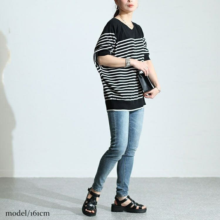 大きいサイズ レディース パネルボーダードルマンニット　wn-0212 【メール便可】