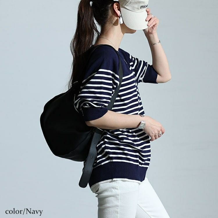 大きいサイズ レディース パネルボーダードルマンニット　wn-0212 【メール便可】