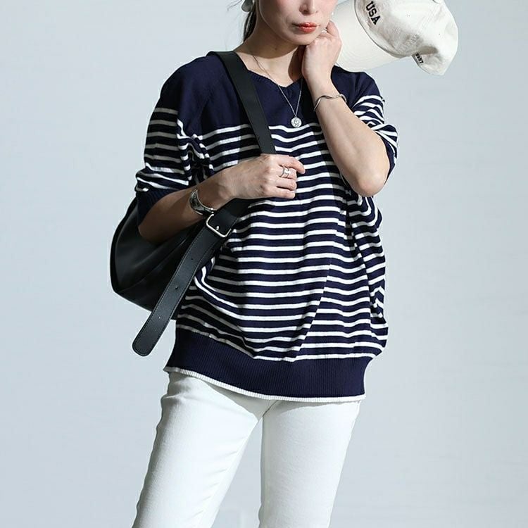 大きいサイズ レディース パネルボーダードルマンニット　wn-0212 【メール便可】