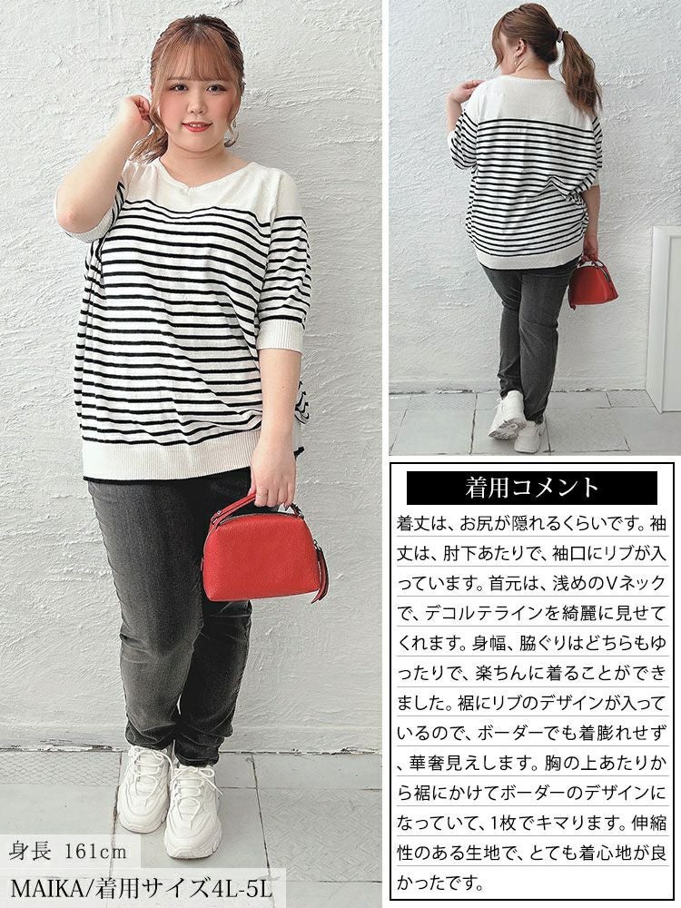 大きいサイズ レディース パネルボーダードルマンニット　wn-0212 【メール便可】