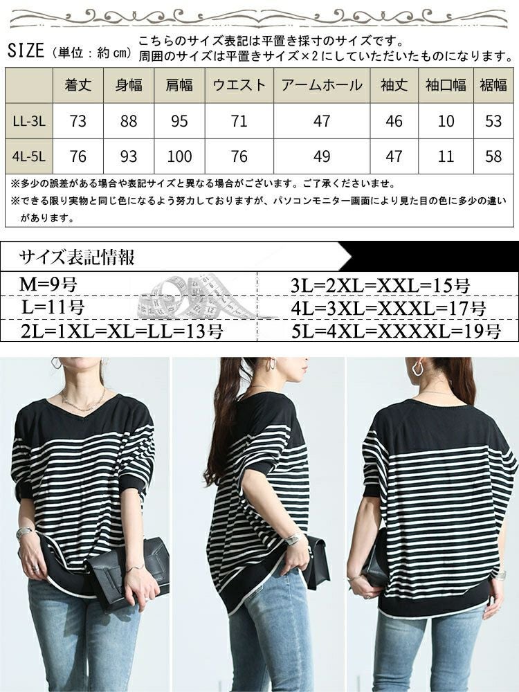 大きいサイズ レディース パネルボーダードルマンニット　wn-0212 【メール便可】