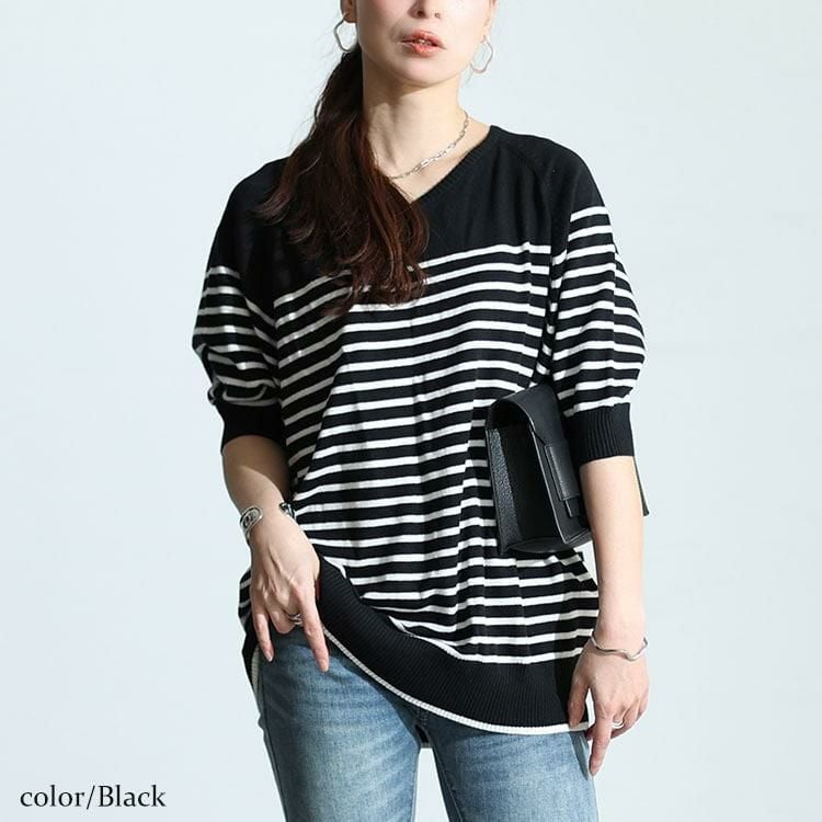 大きいサイズ レディース パネルボーダードルマンニット　wn-0212 【メール便可】 ブラック