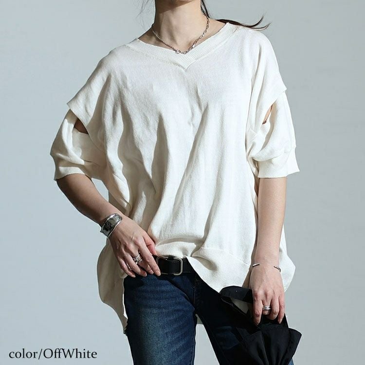 大きいサイズ レディース カットアウトスリーブVネックニット　wn-0210 【メール便可】