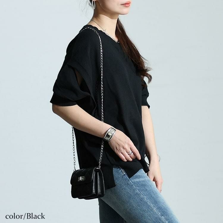 大きいサイズ レディース カットアウトスリーブVネックニット　wn-0210 【メール便可】 ブラック