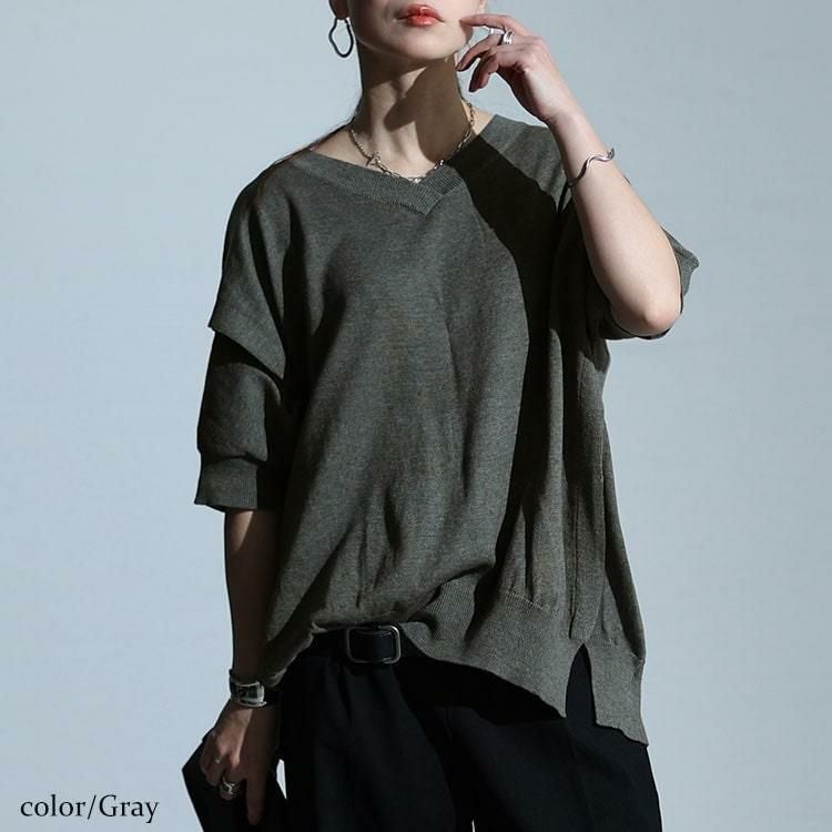 大きいサイズ レディース カットアウトスリーブVネックニット　wn-0210 【メール便可】 杢グレー