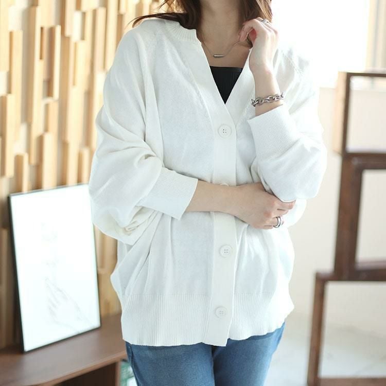 大きいサイズ レディース キーネックドルマンカーディガン　wn-0206 オフホワイト