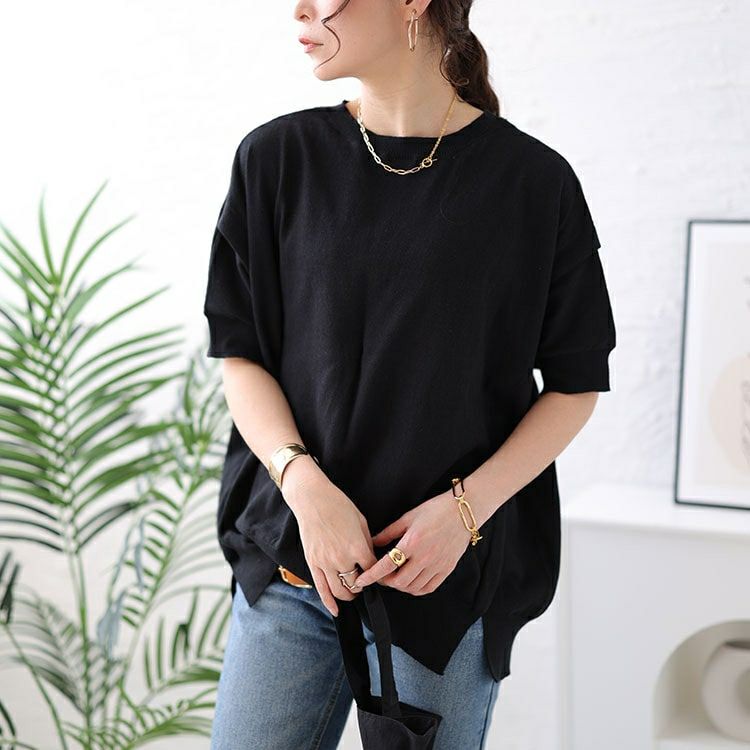 大きいサイズ レディース カットアウトスリーブラウンドネックニット　wn-0183 【メール便可】