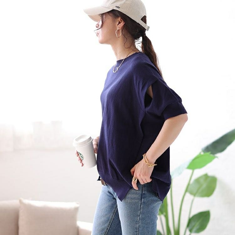 大きいサイズ レディース カットアウトスリーブラウンドネックニット　wn-0183 【メール便可】