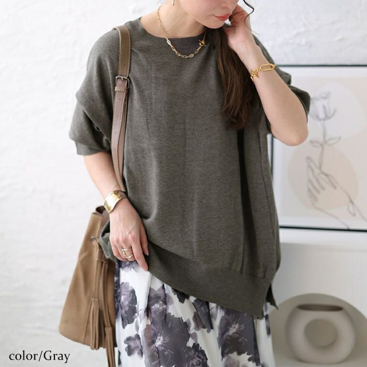 大きいサイズ レディース カットアウトスリーブラウンドネックニット　wn-0183 【メール便可】