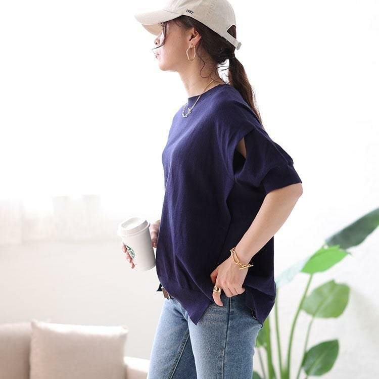 大きいサイズ レディース カットアウトスリーブラウンドネックニット　wn-0183 【メール便可】 ネイビー