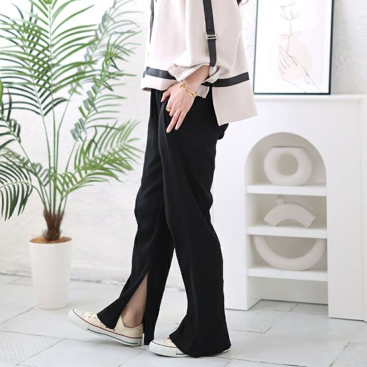 大きいサイズ レディース 裾スリットカットストレートパンツ　wk-0460