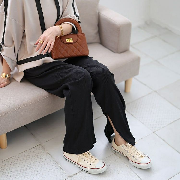 大きいサイズ レディース 裾スリットカットストレートパンツ　wk-0460