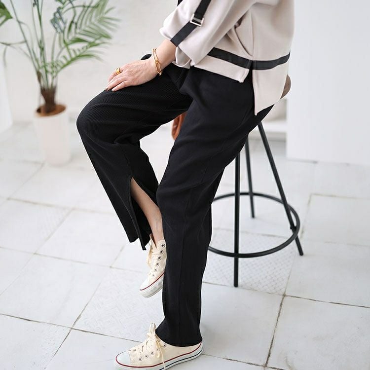 大きいサイズ レディース 裾スリットカットストレートパンツ　wk-0460