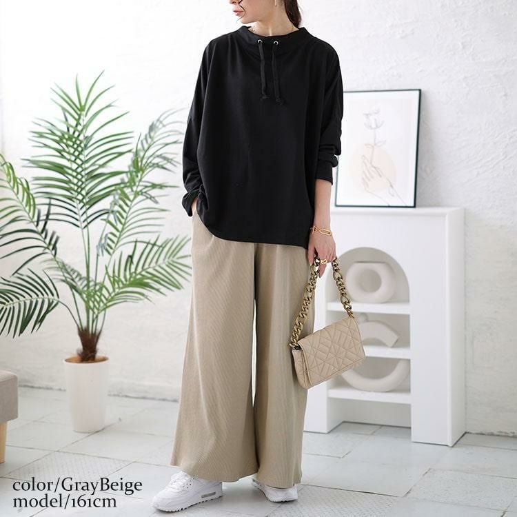大きいサイズ レディース リブカットワイドパンツ　wk-0459 グレーベージュ