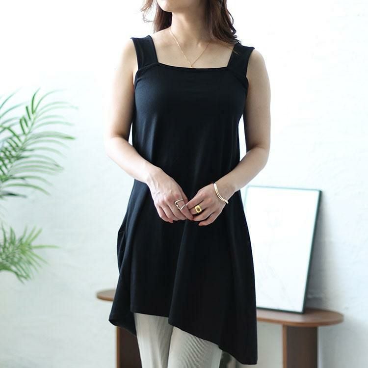 大きいサイズ レディース インナー隠しアシメロングタンクトップ　wk-0428 【メール便可】 ブラック