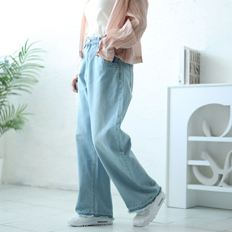 大きいサイズ レディース ヴィンテージ加工セミワイドデニムパンツ　wd-0388