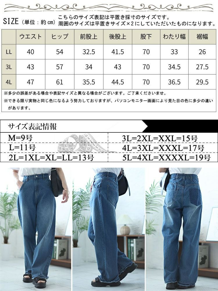 大きいサイズ レディース ヴィンテージ加工セミワイドデニムパンツ　wd-0388