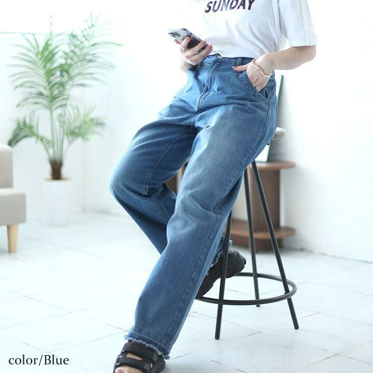 大きいサイズ レディース ヴィンテージ加工セミワイドデニムパンツ　wd-0388 ブルー