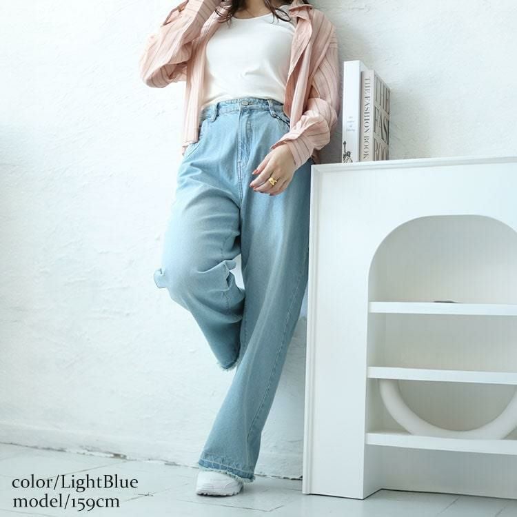 大きいサイズ レディース ヴィンテージ加工セミワイドデニムパンツ　wd-0388 ライトブルー