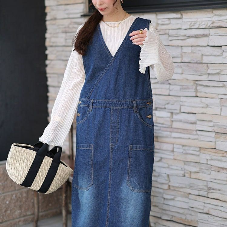 大きいサイズ レディース カシュクールデニムジャンパースカート　wd-0375