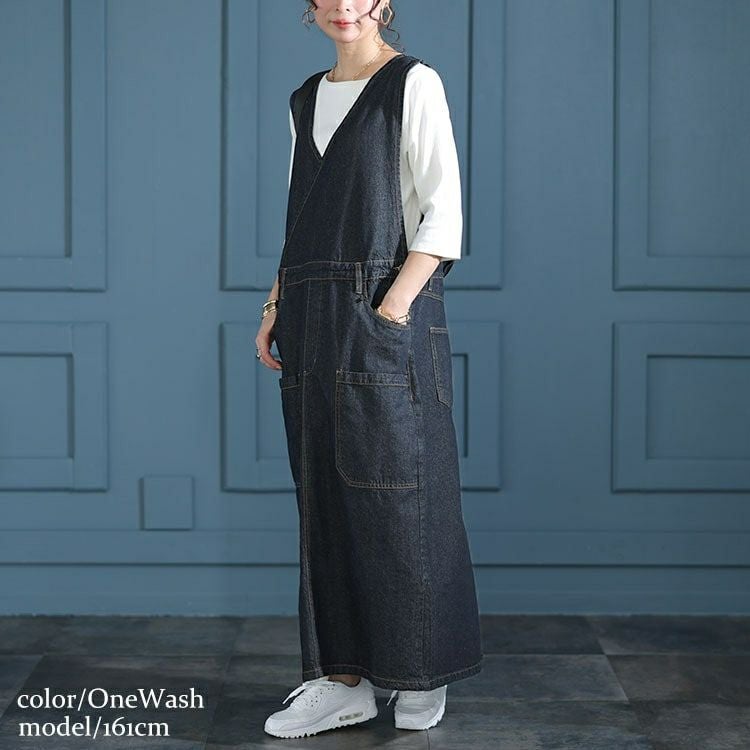 大きいサイズ レディース カシュクールデニムジャンパースカート　wd-0375