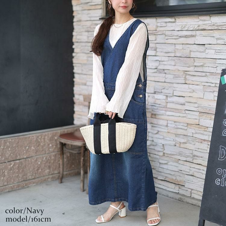 大きいサイズ レディース カシュクールデニムジャンパースカート　wd-0375 ネイビー