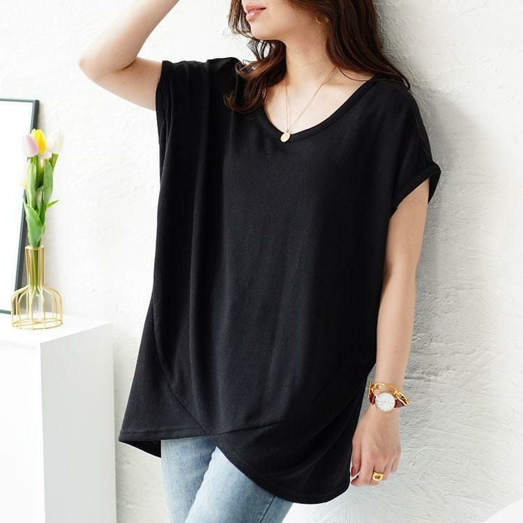 大きいサイズ レディース フレンチスリーブアシメドルマンニット　sfe-0005 ブラック