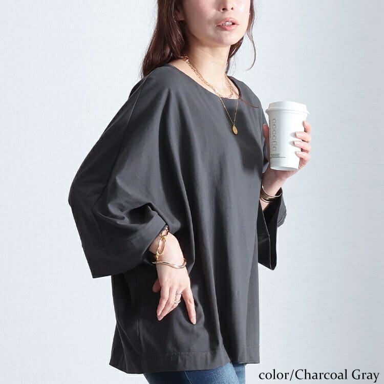 大きいサイズ レディース ボートネック7分袖ドルマンTシャツ wk-0470