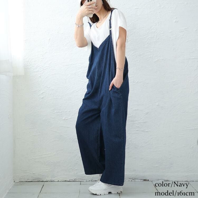 大きいサイズ レディース デニムキャミオールインワン　wd-0372 ネイビー