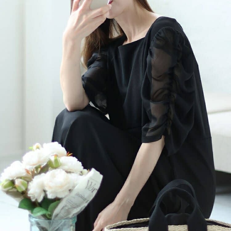 大きいサイズ レディース 異素材ドッキングシフォンパワショルワンピース　maru-30012