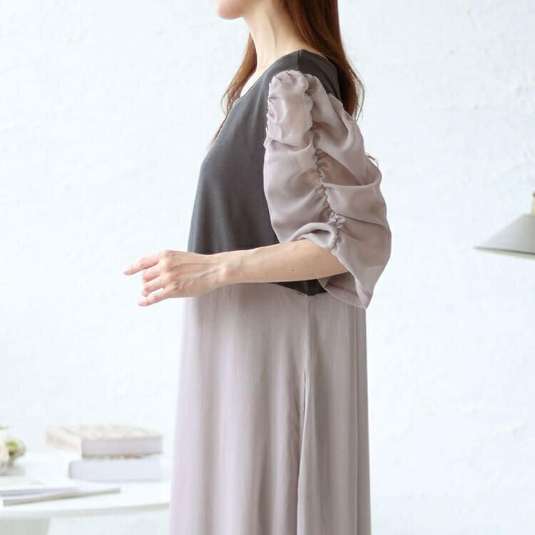 大きいサイズ レディース 異素材ドッキングシフォンパワショルワンピース　maru-30012