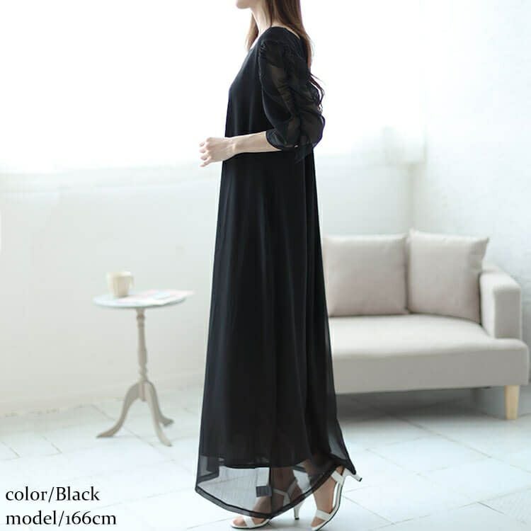 大きいサイズ レディース 異素材ドッキングシフォンパワショルワンピース　maru-30012