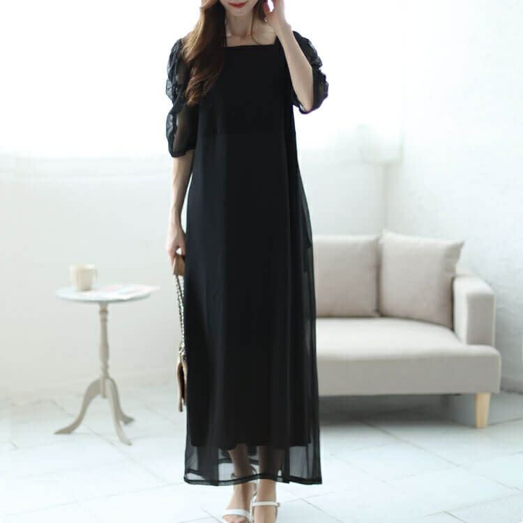 大きいサイズ レディース 異素材ドッキングシフォンパワショルワンピース　maru-30012