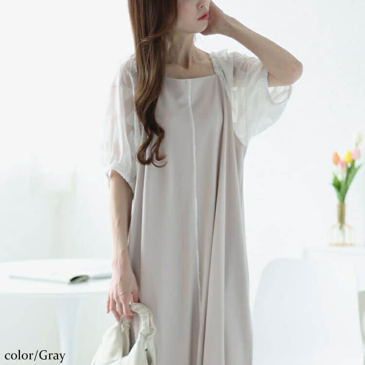 大きいサイズ レディース シフォンジャガード袖スクエアネックパイピングワンピース　maru-30011