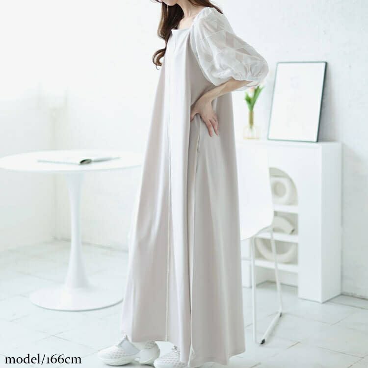 大きいサイズ レディース シフォンジャガード袖スクエアネックパイピングワンピース　maru-30011