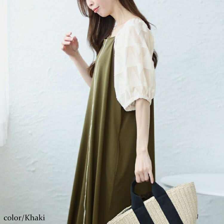 大きいサイズ レディース シフォンジャガード袖スクエアネックパイピングワンピース　maru-30011