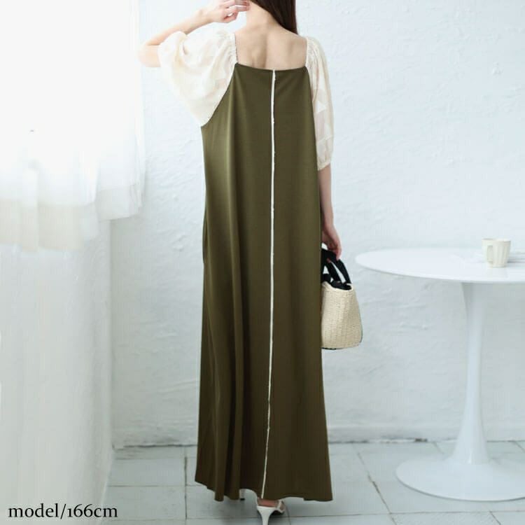 大きいサイズ レディース シフォンジャガード袖スクエアネックパイピングワンピース　maru-30011