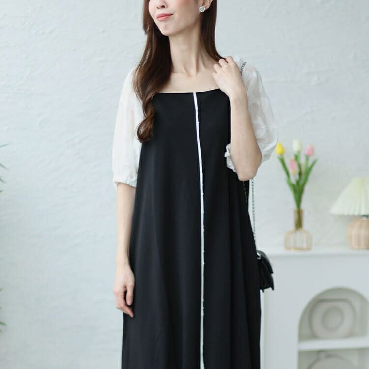 大きいサイズ レディース シフォンジャガード袖スクエアネックパイピングワンピース　maru-30011