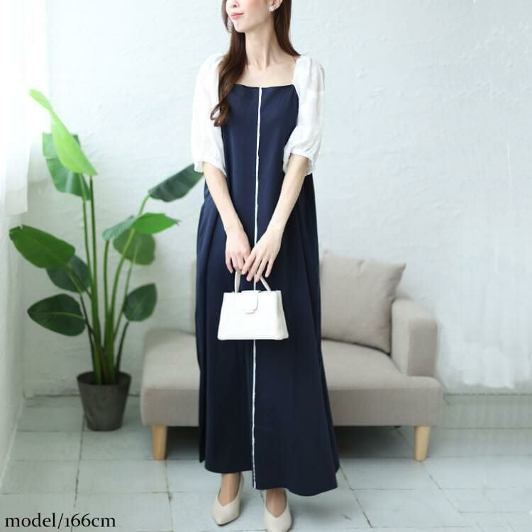 大きいサイズ レディース シフォンジャガード袖スクエアネックパイピングワンピース　maru-30011 ネイビー