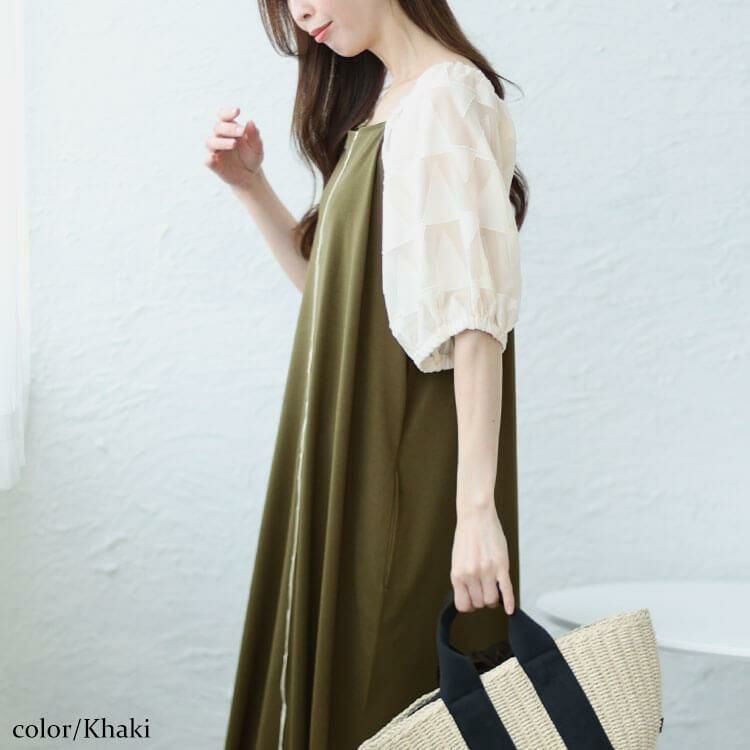 大きいサイズ レディース シフォンジャガード袖スクエアネックパイピングワンピース　maru-30011 カーキ