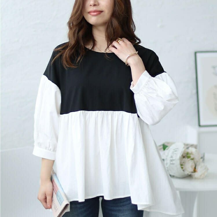 大きいサイズ レディース 異素材ドッキングペプラムチュニック　maru-30008