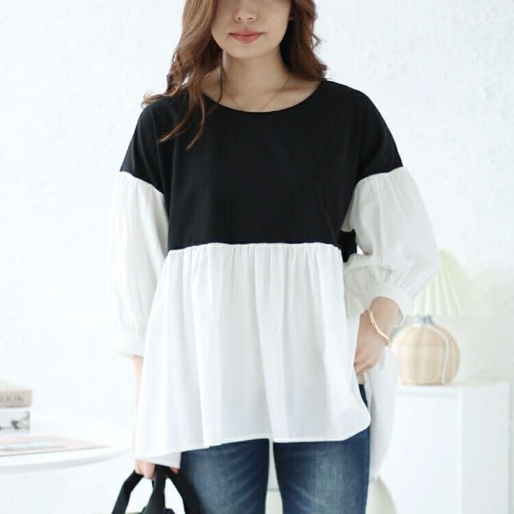 大きいサイズ レディース 異素材ドッキングペプラムチュニック　maru-30008