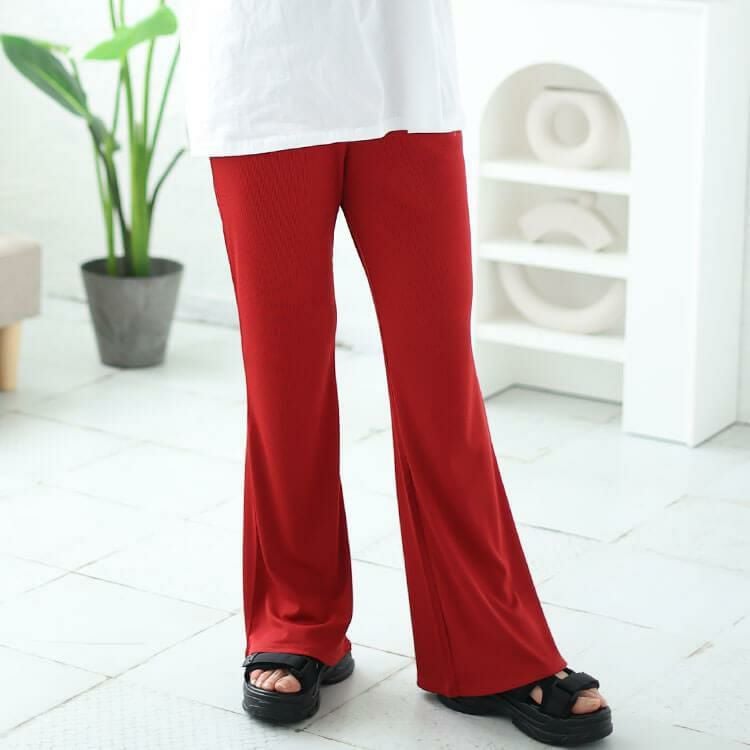 大きいサイズ レディース ストレッチテレコフレアパンツ　maru-6732 レッド