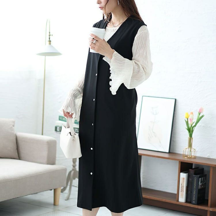 大きいサイズ レディース シルバーボタンVネックジャンパースカート　mncut-142058