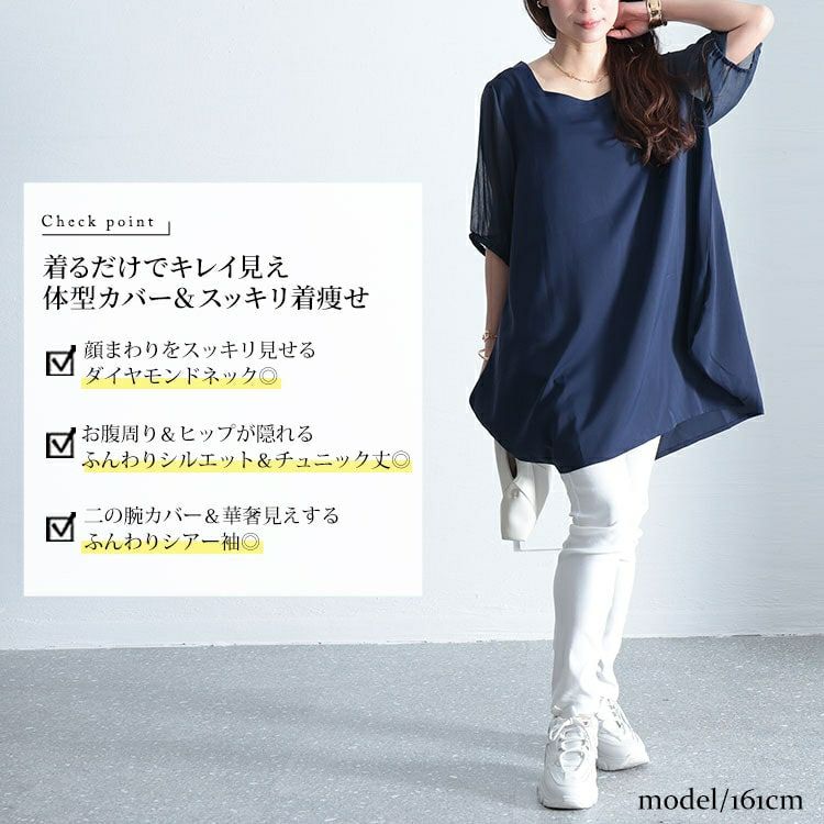 大きいサイズ レディース シースルースリーブドレープチュニック　fem-462 【メール便可】