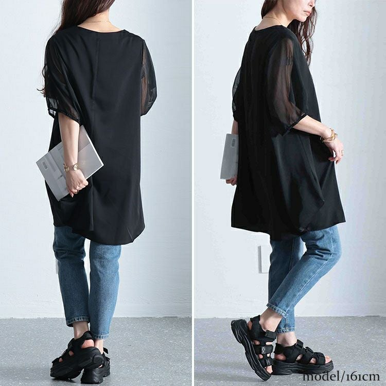 大きいサイズ レディース シースルースリーブドレープチュニック　fem-462 【メール便可】