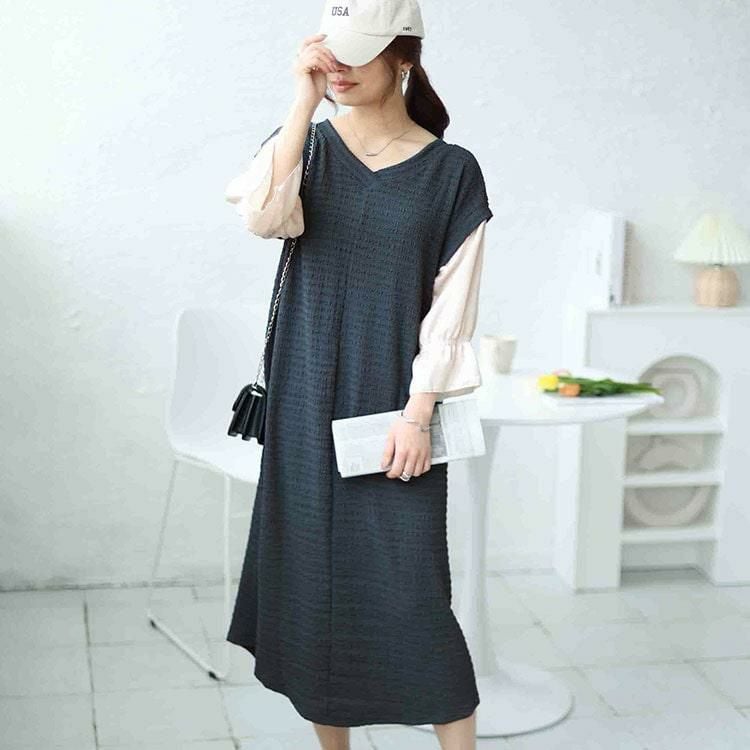 大きいサイズ レディース 2wayフェイクレイヤードワンピース　cpdai-658504 ネイビー