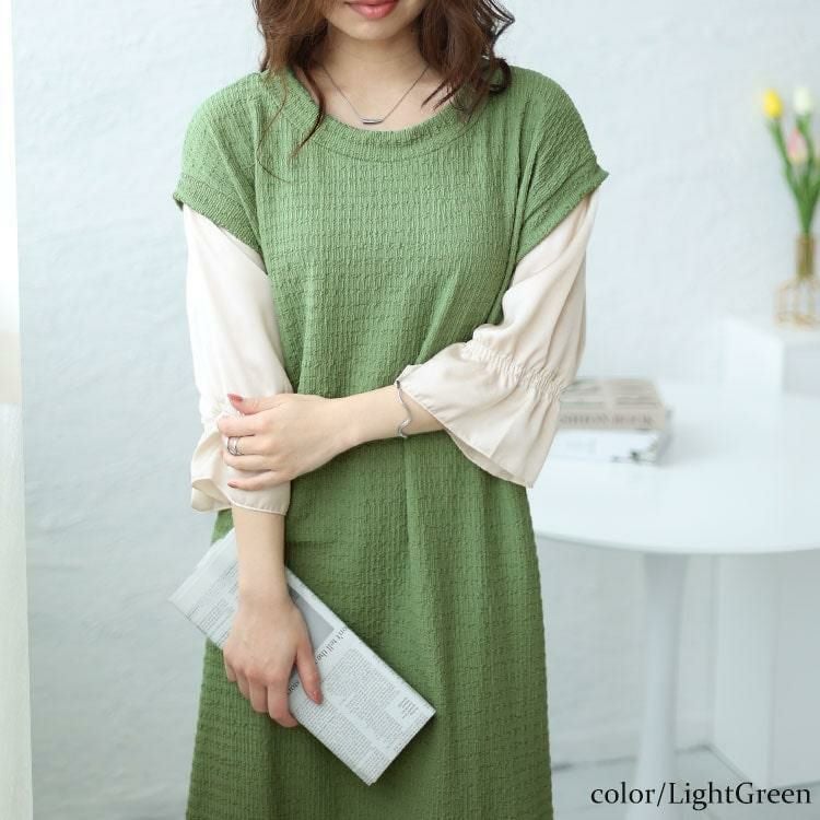 大きいサイズ レディース 2wayフェイクレイヤードワンピース　cpdai-658504 ライトグリーン